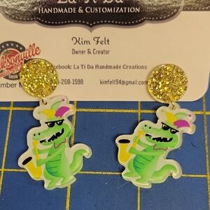 Mardi Gras Fat Tuesday Glitter Gold Green Dinosaur Earrings
